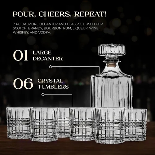 Vista 4 de American Atelier Fifth Avenue Dalmore - Juego de decantador de whisky y vaso, juego de 7 piezas para licor, escocés, vino y bourbon, dispensador