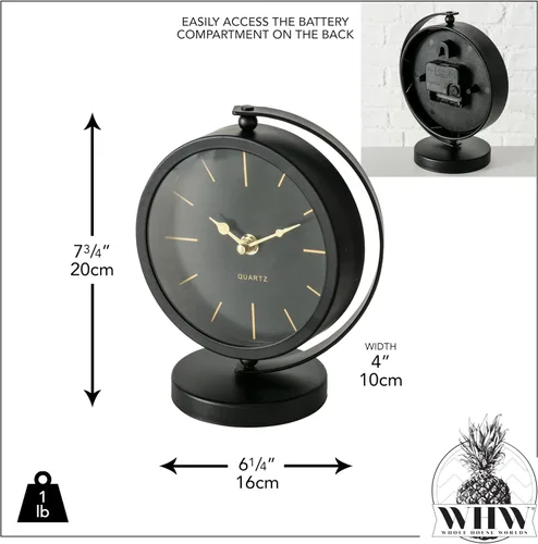 Vista 4 de WHW Whole House Worlds Reloj de escritorio moderno de mediados de siglo, negro, detalles dorados, movimiento de cuarzo, hierro, redondo, montado