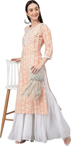 Vista 3 de Janasya Kurta recta impresa algodón melocotón de las mujeres indias para las mujeres