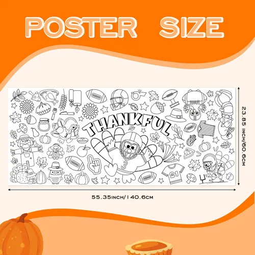 Vista 2 de BZaber Póster gigante para colorear de otoño de Acción de Gracias, 55 x 24 pulgadas, pancarta de dibujo de papel de pavo de fútbol, calabaza, hoja