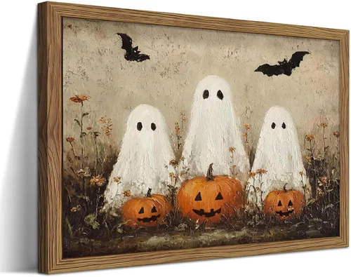 Vista 22 de Arte de pared enmarcado de calabaza de otoño, impresión en lienzo de calabaza blanca y flores de otoño, cosecha rústica de granja, Halloween, Acción