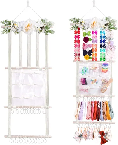 Vista 8 de Cinta para la cabeza/lazo para el pelo para niñas, organizador de lazos para el pelo de flores, decoración elegante para colgar en la pared, regalo