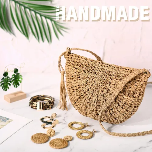 Vista 5 de Hicarer Beach Purse Earrings Set Straw Bag Vacation Purse with 4 Rattan Boho Tropical Earrings Leopard Bracelet