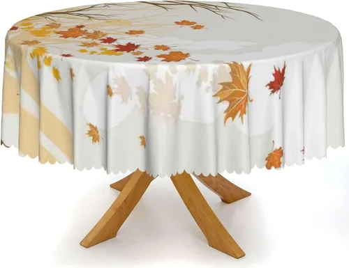 Vista 2 de Mantel redondo con temática de otoño, 48 pulgadas, tela impermeable, decorativa, reutilizable, lavable, a prueba de derrames, resistente a