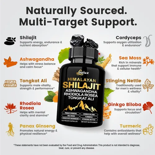 Vista 5 de Shilajit para hombres y mujeres - Cápsulas 10-en-1 de Shilajit puro del Himalaya con Ashwagandha orgánico Rhodiola Rosea Suplementos de Tongkat