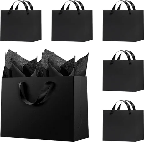 Vista 18 de Offizon 12 bolsas de regalo negras, bolsas de regalo con papel de seda