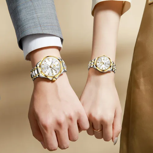Vista 24 de OLEVS Reloj para parejas para él y ella, reloj analógico de cuarzo para hombres y mujeres, de acero inoxidable, impermeable, luminoso, fecha, reloj