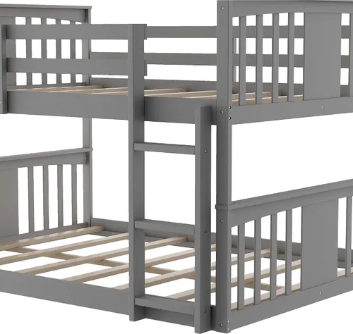 Vista 5 de Litera de suelo individual sobre individual, litera baja de madera con escalera, para niños y niñas (gris)