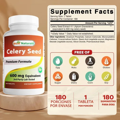 Vista 2 de Best Naturals Tableta de semillas de apio de 600 mg, 180 unidades (817716014401)