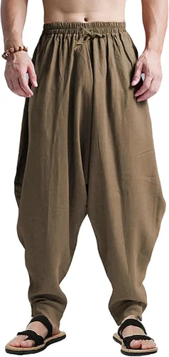 Vista 18 de perdontoo Pantalones harén para hombre, ajuste holgado, cintura elástica, cordón ajustable, pantalones hippie Aladdin beige