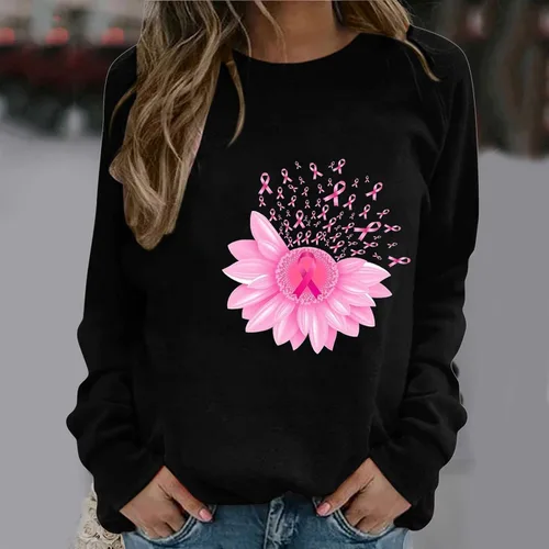 Vista 3 de Breast Cancer Awareness Shirts for Women Pink Ribbon Floral Crewneck Sweatshirt Loose Fit Tops Fall Outfits 2024
