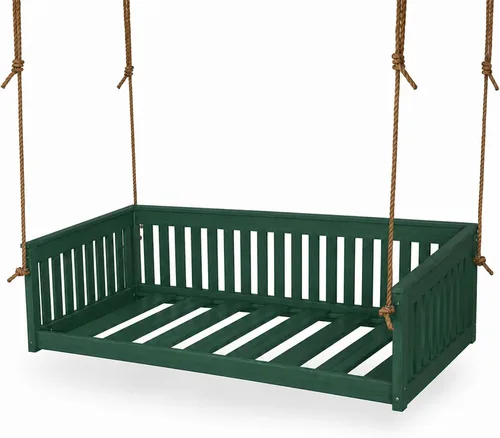 Vista 9 de Amish Twin Poly Lumber Wood Hanging Daybed, Antique Mahogany, USA Made Deep Seating Mission Collection HDPE Poly Lumber Twin Daybed with Rope