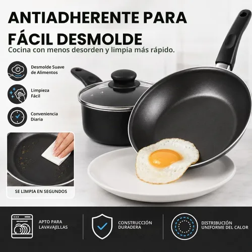 Vista 5 de Juego de utensilios de cocina de aluminio antiadherente de 7 piezas, ollas y sartenes con tapas