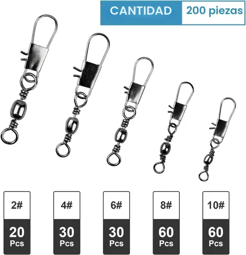 Vista 2 de ReeMoo 200 Uds Pesca Rodamiento de bolas giratorias con conector de seguridad Snap Accesorios de pesca #2#4#6#8#10