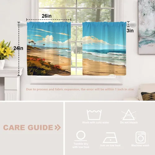 Vista 5 de Shrahala Beach Scenery Blackout Curtain Tiers, Coastal Landscape Kitchen Valance Light Blocking Tier Drapes with Rod Pocket, 2 Pack 26 X 24 in Blue1