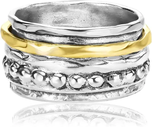 Vista 3 de 925 Sterling Silver14K Gold Plated Silver Spinner Ring Unisex, Bold Hammered BeadedFreshwater Pearl Floral Etched and Hammered, Oxidized