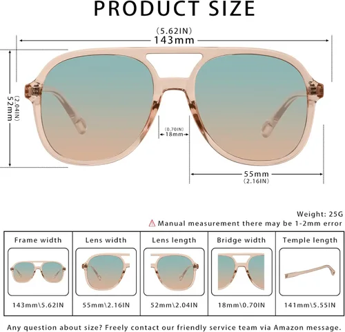Vista 5 de YDAOWKN Retro Square Aviator Sunglasses for Womens Mens Vintage 70s Double Bridge Sun Glasses