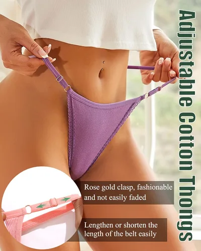 Vista 2 de CUTE BYTE Adjustable G String Thongs for Women Sexy Underwear T-back Cotton Panties with Lace Trim Low Rise Stretchy 6 Pack