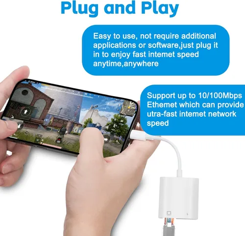 Vista 4 de Adaptador Lightning a Ethernet, 2 en 1 Lightning a red LAN RJ45 y puerto de carga, Plug and Play, compatible con iPhone/iPad/iPod, admite red