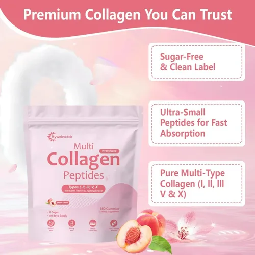 Vista 7 de Gomitas de colágeno marino de 180 unidades para mujeres y hombres, sin azúcar, péptidos de colágeno hidrolizados tipo I, II, III, V, X con 5000 Mcg
