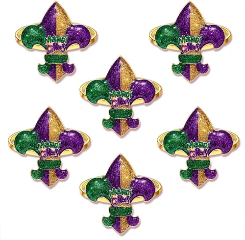 Vista 4 de 6 servilleteros de Mardi Gras, máscara con purpurina de flor de lis, servilleteros para colocar la mesa, servilletero de martes grasos, anillos
