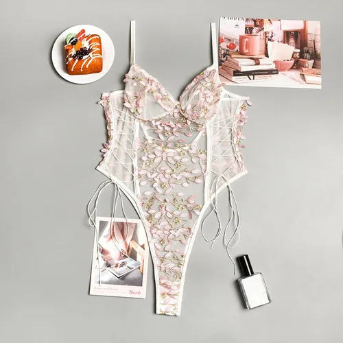 Vista 7 de Conjunto de lencería exótica sexy para mujer, con encaje y perspectiva, bordado de tres puntos, babydoll para jugar sexo travieso