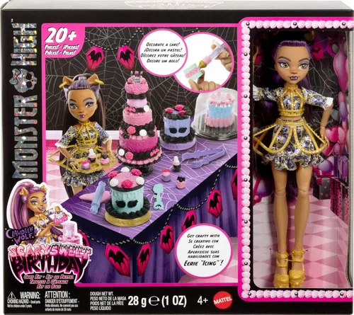 Vista 6 de Monster High Kit de pastel de cumpleaños aterrador y dulce con muñeca Clawdeen Wolf, juego de decoración de pastel con 20+ accesorios como glaseado