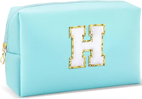 Vista 8 de URSKYTOUS Regalos para niñas, bolsa de maquillaje con inicial, bolsa de cosméticos personalizada con cremallera, bonita bolsa de aseo de viaje, Azul