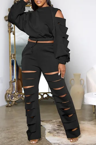 Vista 2 de Sexy 2 Piece Outfits for Women Hollow Out Top High Waist Pant Set