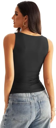 Vista 5 de EasyGala Camisetas sin mangas con cuello en V para mujer, con doble forro, básicas, ajustadas, para verano, para salir, Y2K, a la moda Negro
