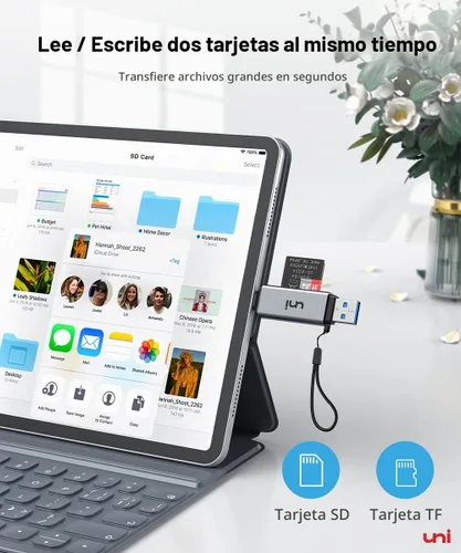 Vista 5 de uni Lector de tarjetas SD, adaptador USB C a tarjeta Micro SD de alta velocidad USB 3.0 con ranuras duales, lector de tarjetas de memoria para Gris