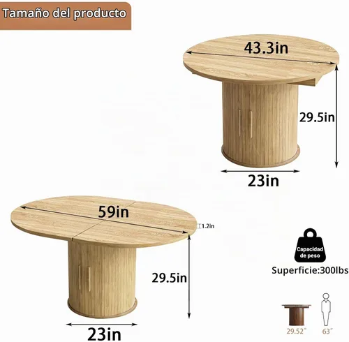 Vista 9 de Mesa de comedor redonda extensible de 43.3-59 pulgadas para 4-6-8, puerta corredera de madera estriada, mesa de cocina ovalada moderna, base