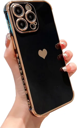 Vista 6 de DEFBSC Funda compatible con iPhone 15, con borde galvanizado, diseño de corazón con correa para la muñeca, protección completa de la cámara