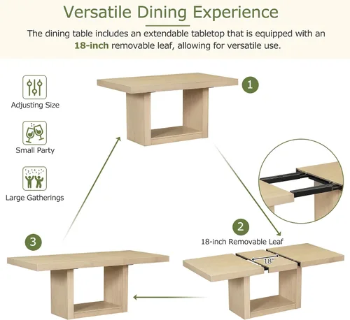 Vista 4 de Merax Juego de mesa de comedor extensible de 78 pulgadas con hojas extraíbles de 18 pulgadas, juego de mesa de comedor de madera de 6 piezas con 4