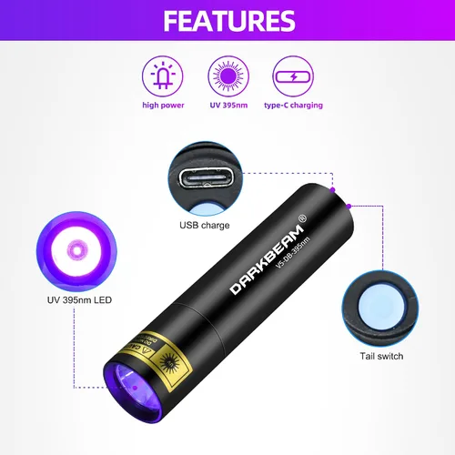 Vista 9 de DARKBEAM Linterna UV Luz Negra 395 NM, Mini pero Potente USB-C LED Recargable Lámpara de Madera, Linternas Ultravioleta para Detección de Orina