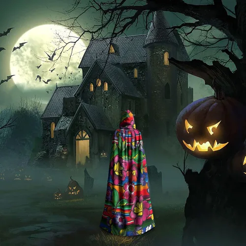 Vista 7 de Colorida capa con capucha de serape mexicano capa unisex con capucha capa de bruja de vampiro disfraz de cosplay
