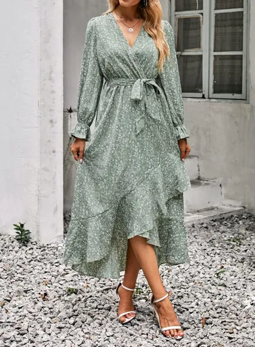 Vista 3 de BTFBM Vestido cruzado de manga larga para mujer cuello en V bohemio floral cintura alta con volantes 2023 primavera y verano maxi vestidos