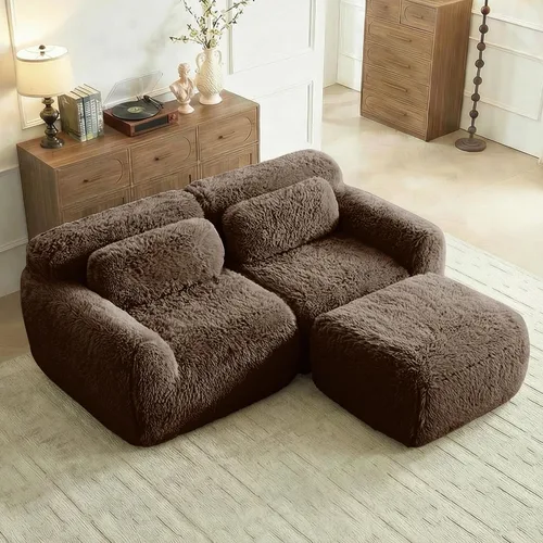Vista 14 de Sofás de nube sin hueso de 80.4 pulgadas, tela de felpa suave y esponjosa, sofá cama modular con 2 otomanas, sofás de dos plazas de chocolate,