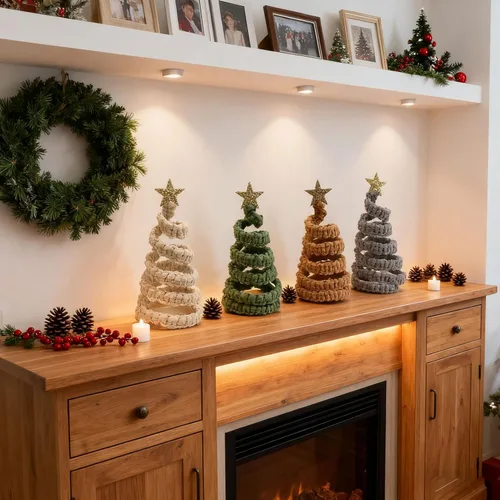 Vista 7 de 4 piezas de decoración de mesa para árbol de Navidad, árboles de Navidad de mesa con estrella con purpurina, centro de mesa de estilo rústico