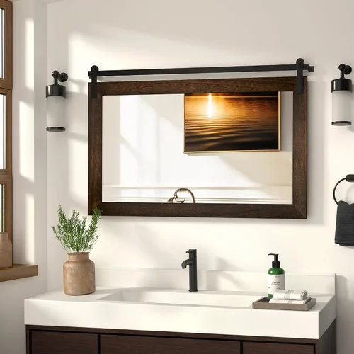 Vista 31 de COGOOD Espejo de puerta de granero de granja, 25 x 18 pulgadas, espejo decrativo con marco de madera rústica para baño, sala de estar, decoración