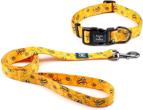 Vista 18 de Roses&Poetry - Juego de collar y correa reflectante para perros pequeños, arneses para cachorros con collares, collar y correa de nailon ajustable