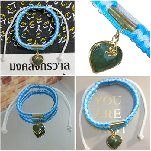 Vista 3 de Pulseras de cuerda ajustable con dije de protección de la suerte hilo espiritual azul corazón moneda que promueve el amor joyería para mujeres