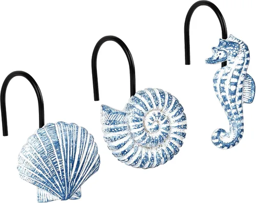 Vista 13 de Sunlit - 12 piezas de ganchos para cortina de ducha azul agua resina, diseño costero de criaturas oceánicas, decoración náutica para baño