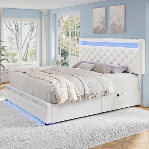 Vista 7 de Torana - Base de cama con luces LED, cabecero ajustable y 2 cajones, color blanco PU