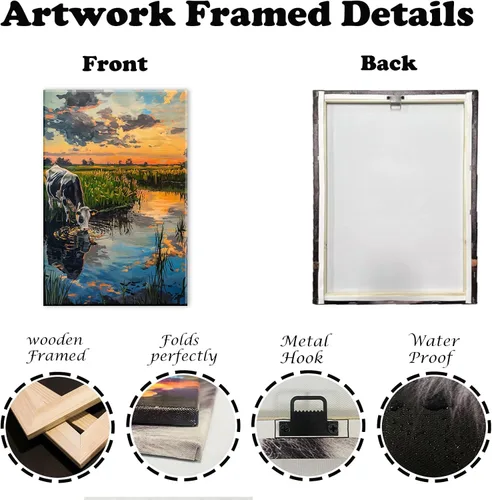 Vista 6 de Lienzo de animales para pared, póster de acuarela de vaca de las tierras altas, paisaje colorido de pastizales, pintura de agua potable, obra