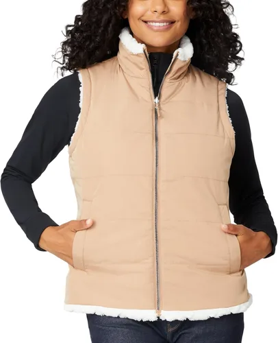 Vista 10 de Free Country Chaleco reversible acolchado de forro polar sherpa ligero con bolsillos con cremallera, chaleco de invierno para damas, aventura