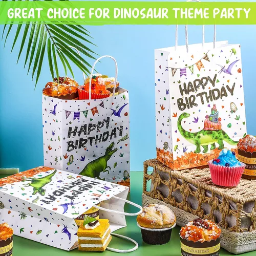 Vista 4 de Containlol 16 bolsas de papel para fiesta de cumpleaños de dinosaurio, bolsas de regalo de cumpleaños con asa para niños y niñas, temática