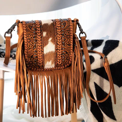 Vista 4 de Montana West Bolso cruzado para mujer de cuero genuino con flecos occidentales