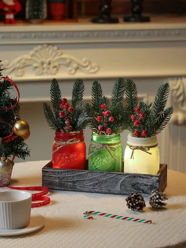 Vista 2 de Tarros de cristal de Navidad, centro de mesa de Navidad para mesa, juego de 3 tarros de albañil coloridos con luces y plantas artificiales