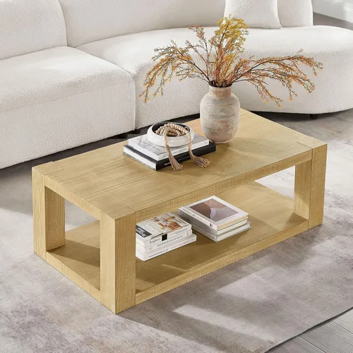 Vista 27 de Mesa auxiliar moderna de madera rústica de 2 niveles, mesas de noche compactas para sala de estar, mesita de noche rectangular minimalista